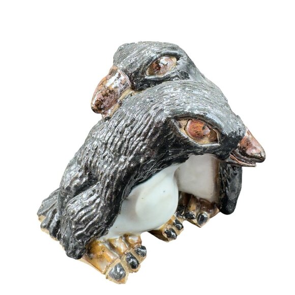 Vintage Hand Made Studio Art Pottery Penguin Bird Hugging Figurine Stoneware - Picture 1 of 13